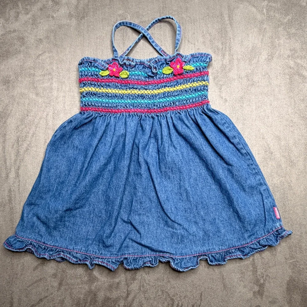 Vtg OshKosh Denim Sun Dress Girls 3T Blue Smocked Floral Embroidered Ruffle Hem